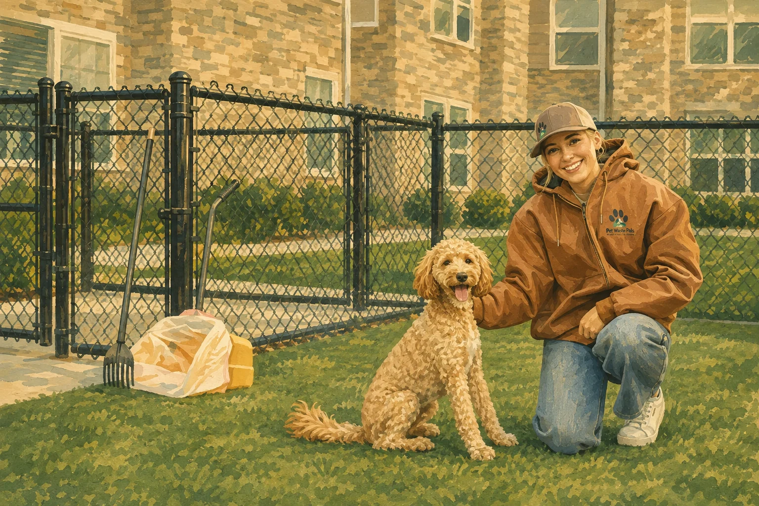 Illustration of a smiling Pet Waste Pals team member kneeling beside a dog in a community pet area.