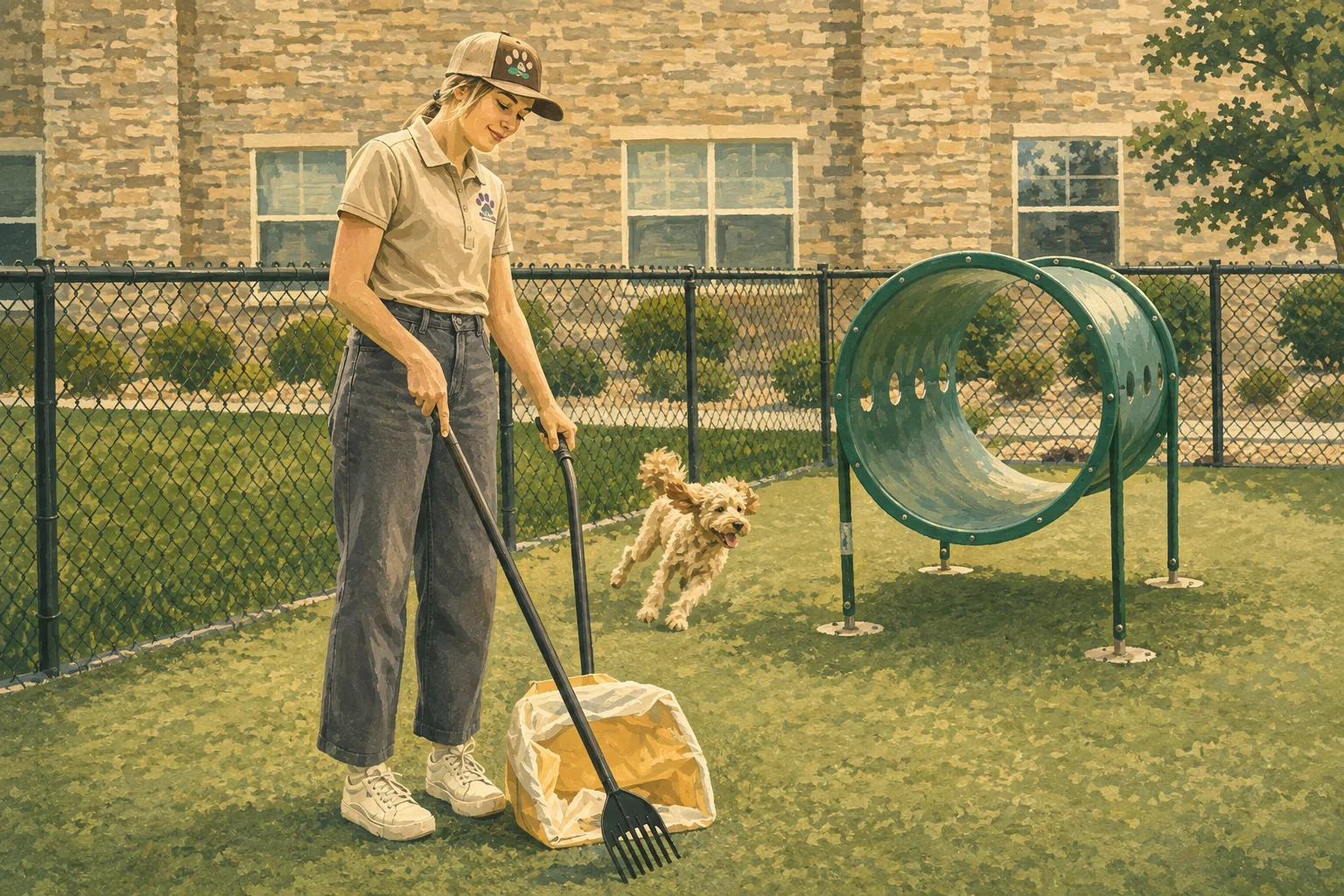 Illustration of a Pet Waste Pals team member collecting pet waste while a dog plays in a shared community dog park.