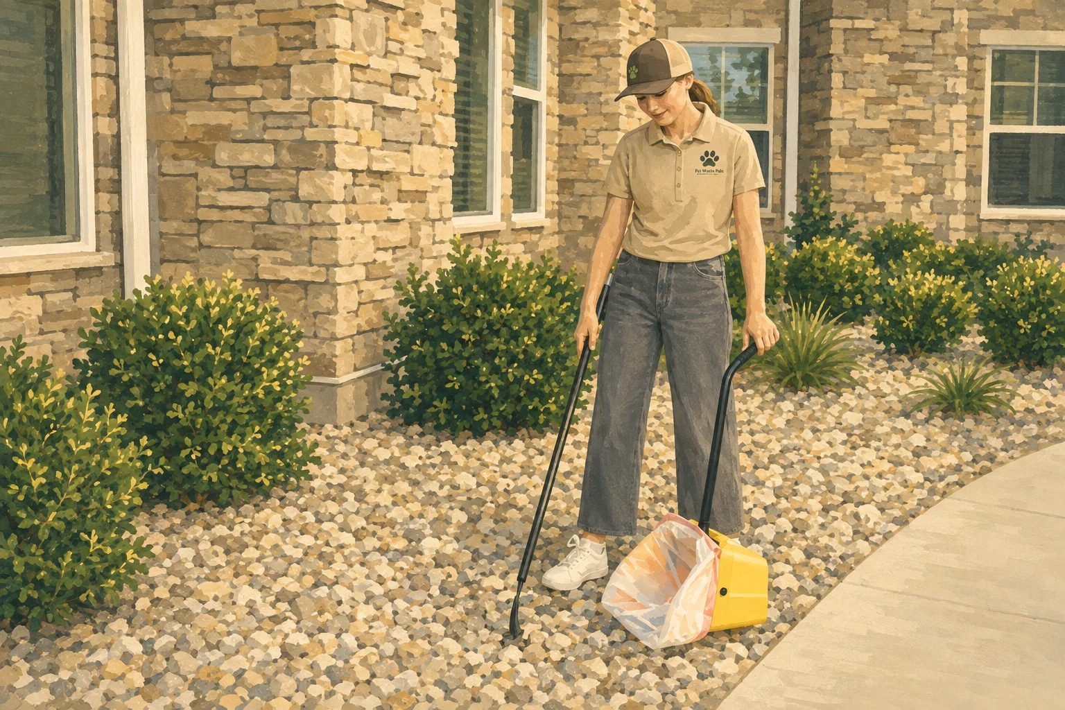 Illustration of a Pet Waste Pals team member tending a shared walking path beside community grounds.