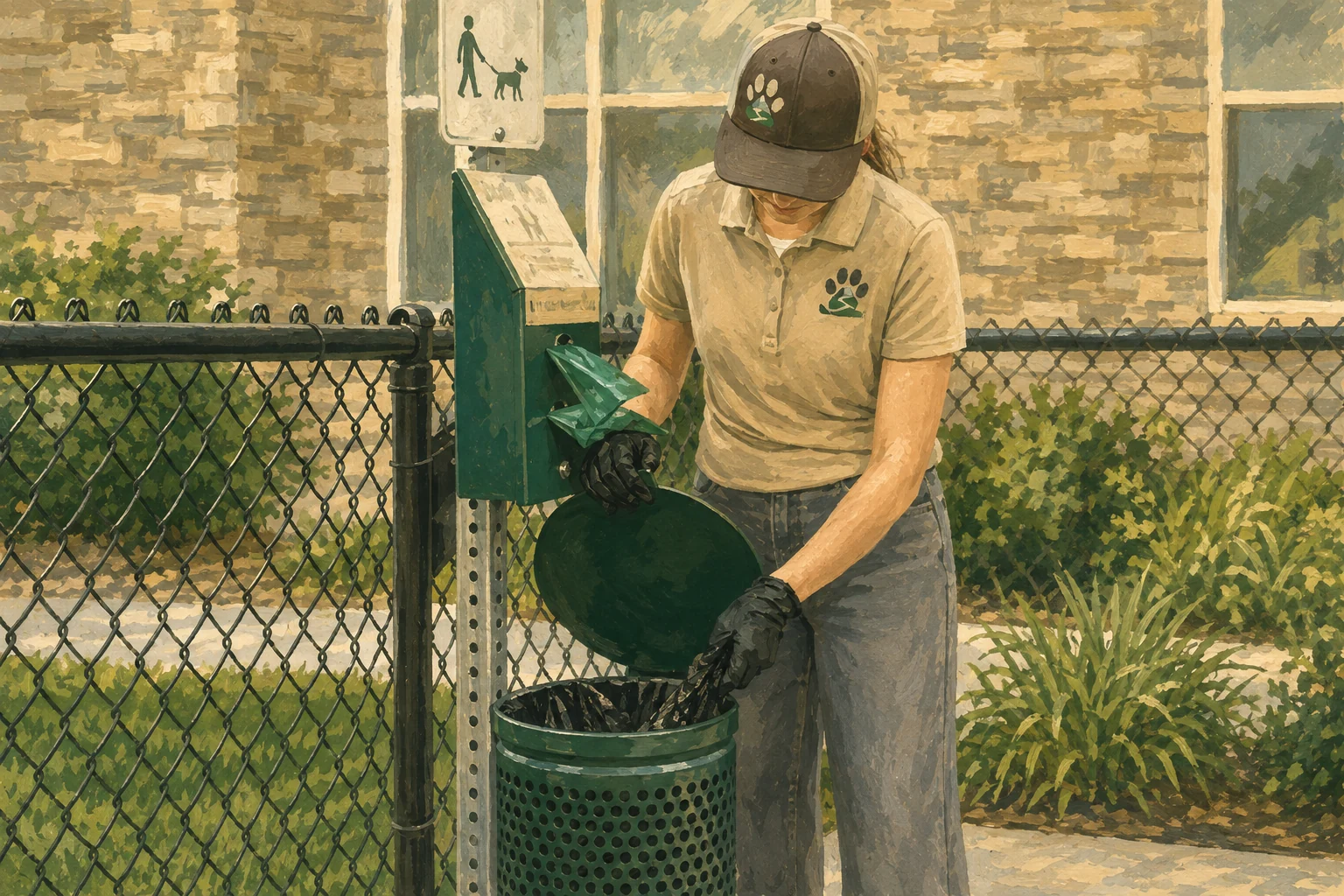 Illustration of a Pet Waste Pals team member tending the trash liner at a pet waste station.