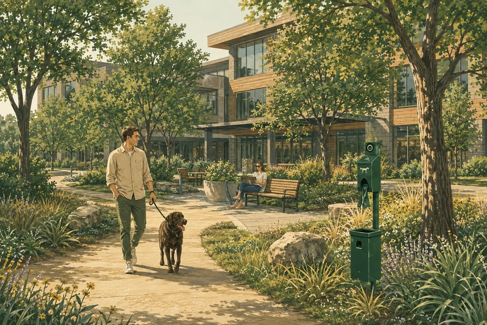 Illustration of a pet-friendly commercial courtyard with shared paths, seating and native plants.