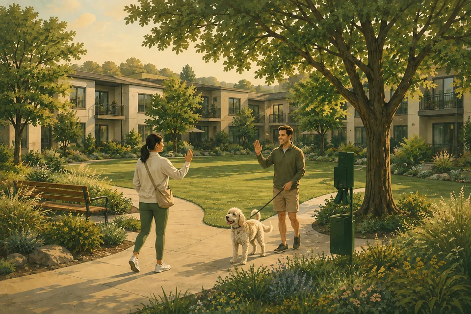 Illustration of neighbors and a leashed dog in landscaped apartment community grounds.
