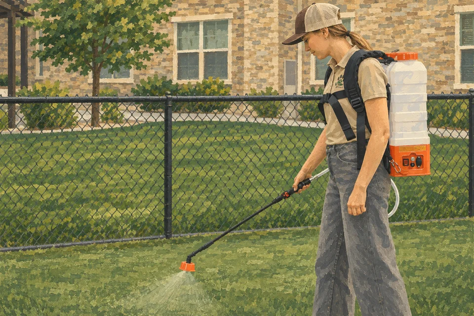Painted illustration based on our team photo: a Pet Waste Pals worker applying deodorizer with a backpack sprayer in an apartment-community dog park.