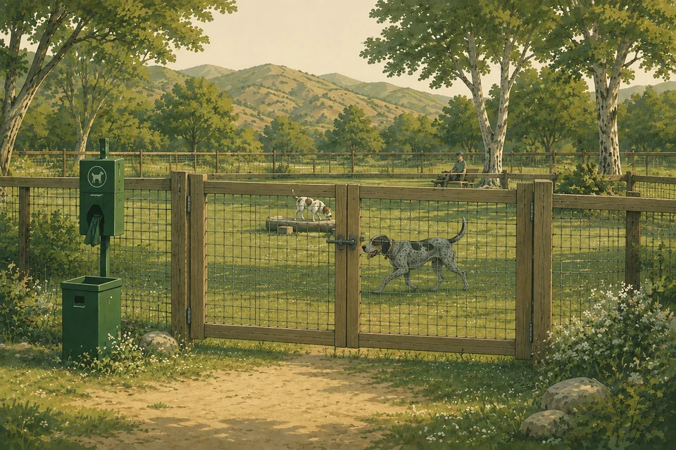 Illustration of dogs playing inside a securely gated shared park with a shaded bench and pet waste station.