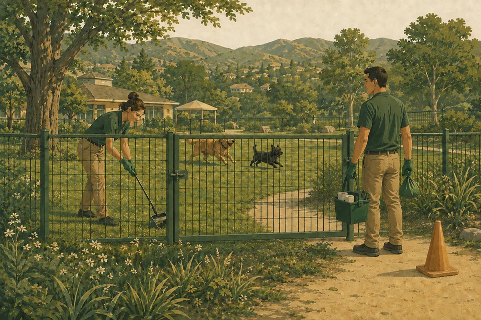 Illustration of two workers restoring a shared dog area with cleanup tools.