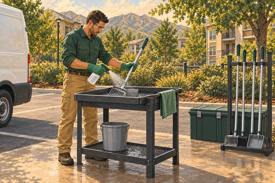 Illustration of a worker hand-spraying precleaned pickup tools over a wash tray, with prepared equipment stored on a separate rack.