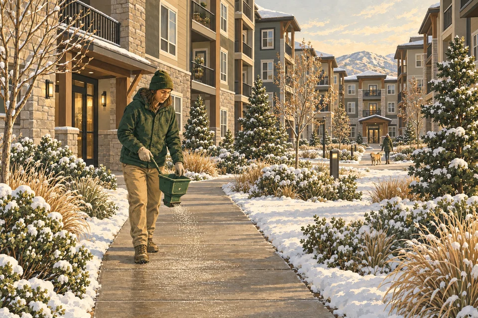 Illustration of a woman salting a cleared apartment-community walkway with a handheld spreader.