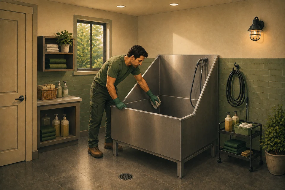 Illustration of a man cleaning the recessed basin of an indoor community pet wash station.