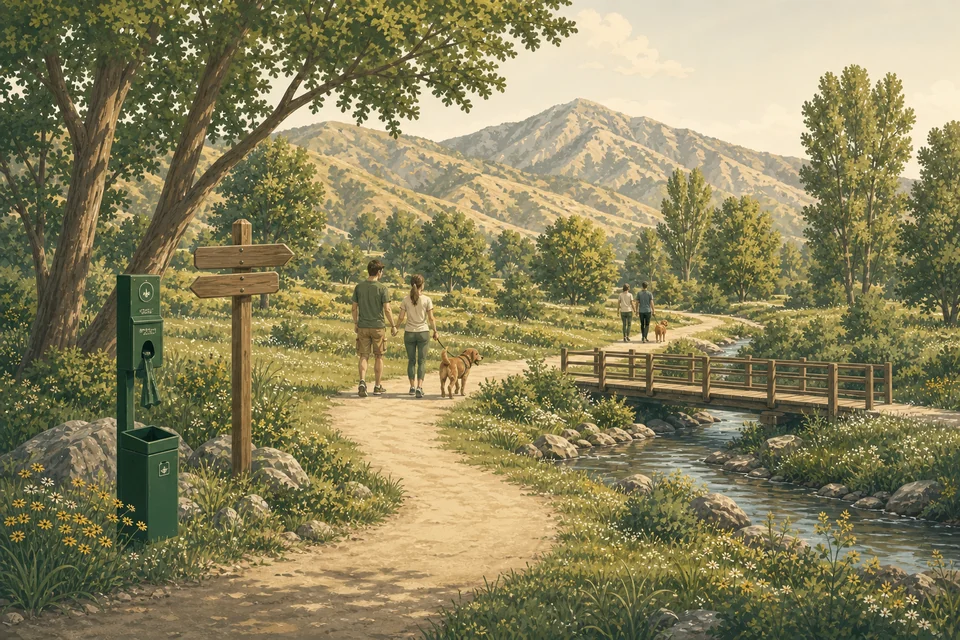 Illustration of a public walking trail, footbridge and leashed dog among trees and Utah foothills.