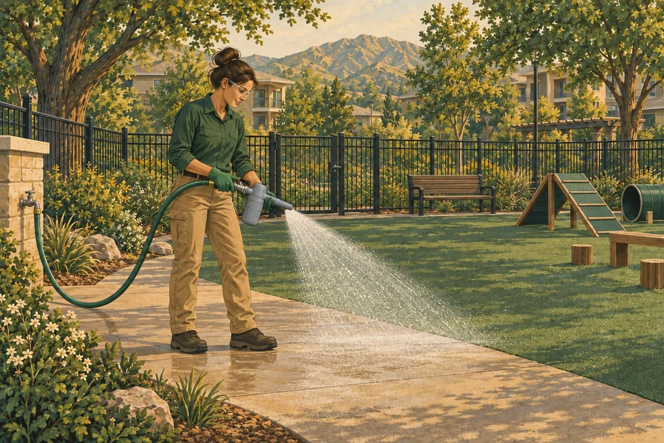 Illustration of a worker using a hose-connected Wysiwash Sanitizer-V to treat surfaces inside a closed community dog park.