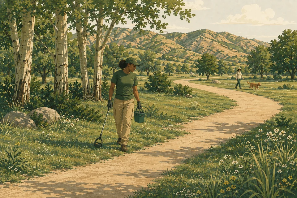 Illustration of a worker patrolling a shared path with pet waste pickup tools.