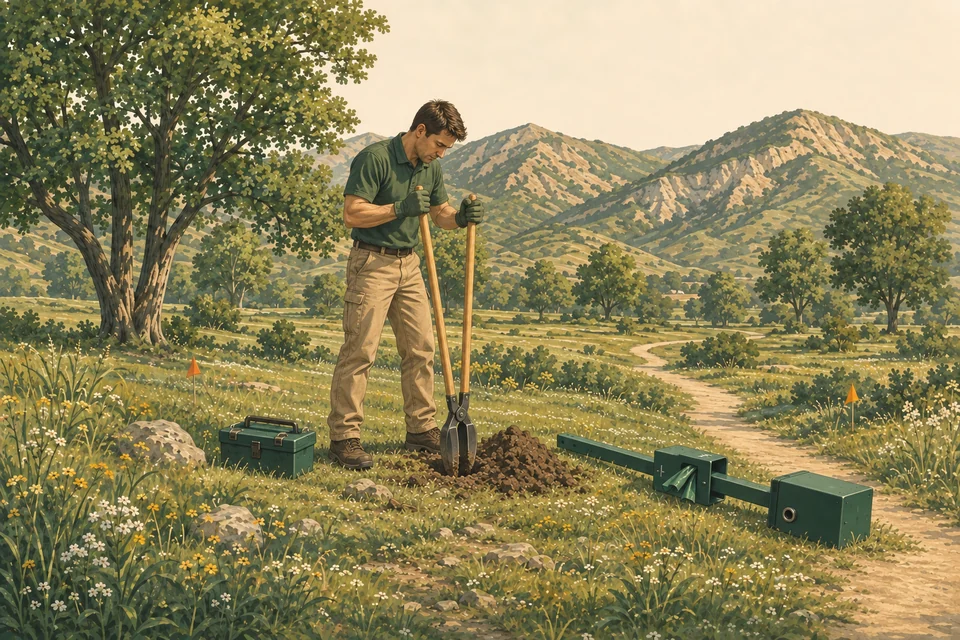 Illustration of a worker using a post hole digger, with an uninstalled pet waste station lying on the ground nearby.