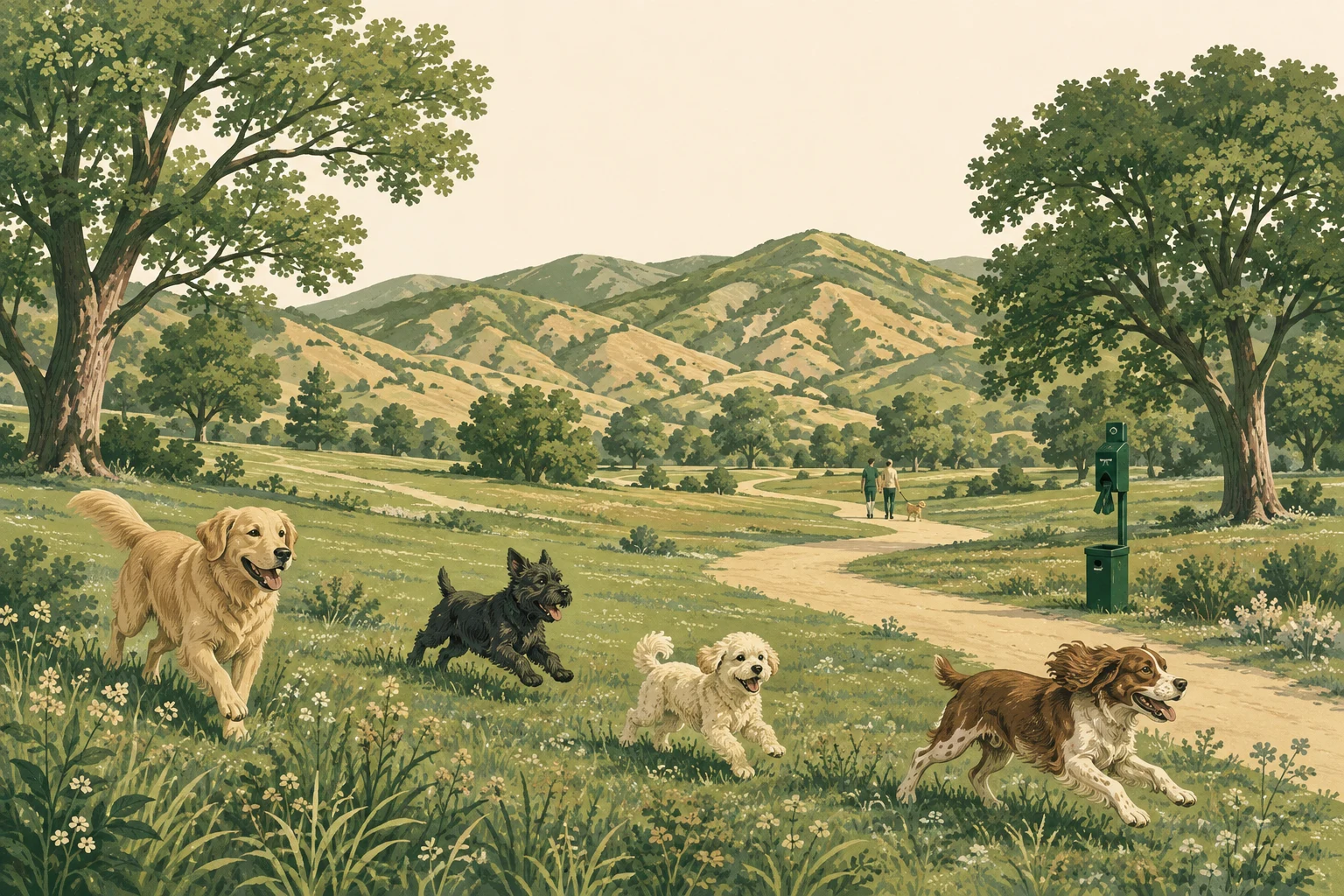 Illustration of happy dogs playing in a leafy shared park beneath green foothills.